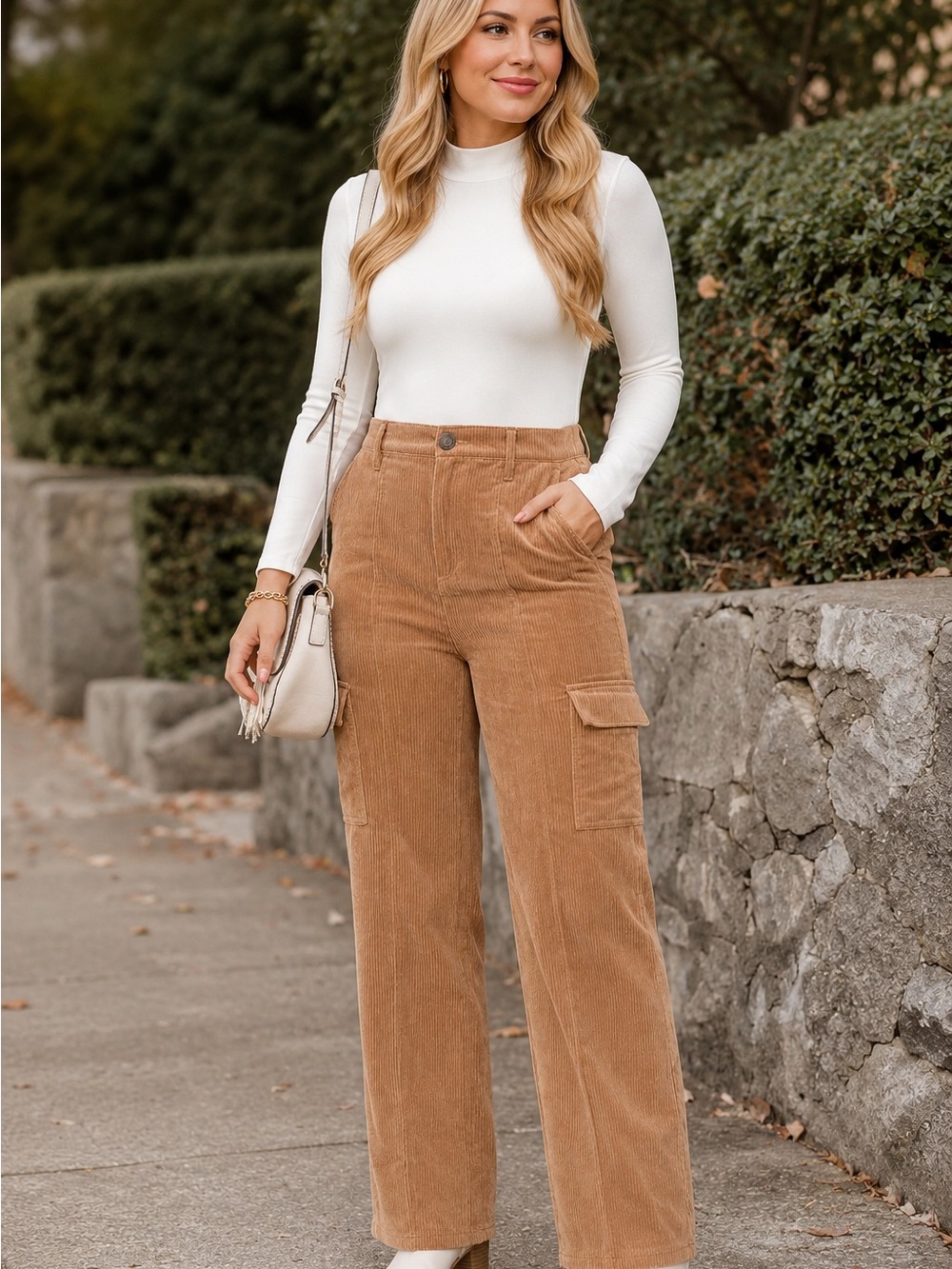 Love Tree Tan Corduroy Wide Leg Cargo Pants Women’s Size M